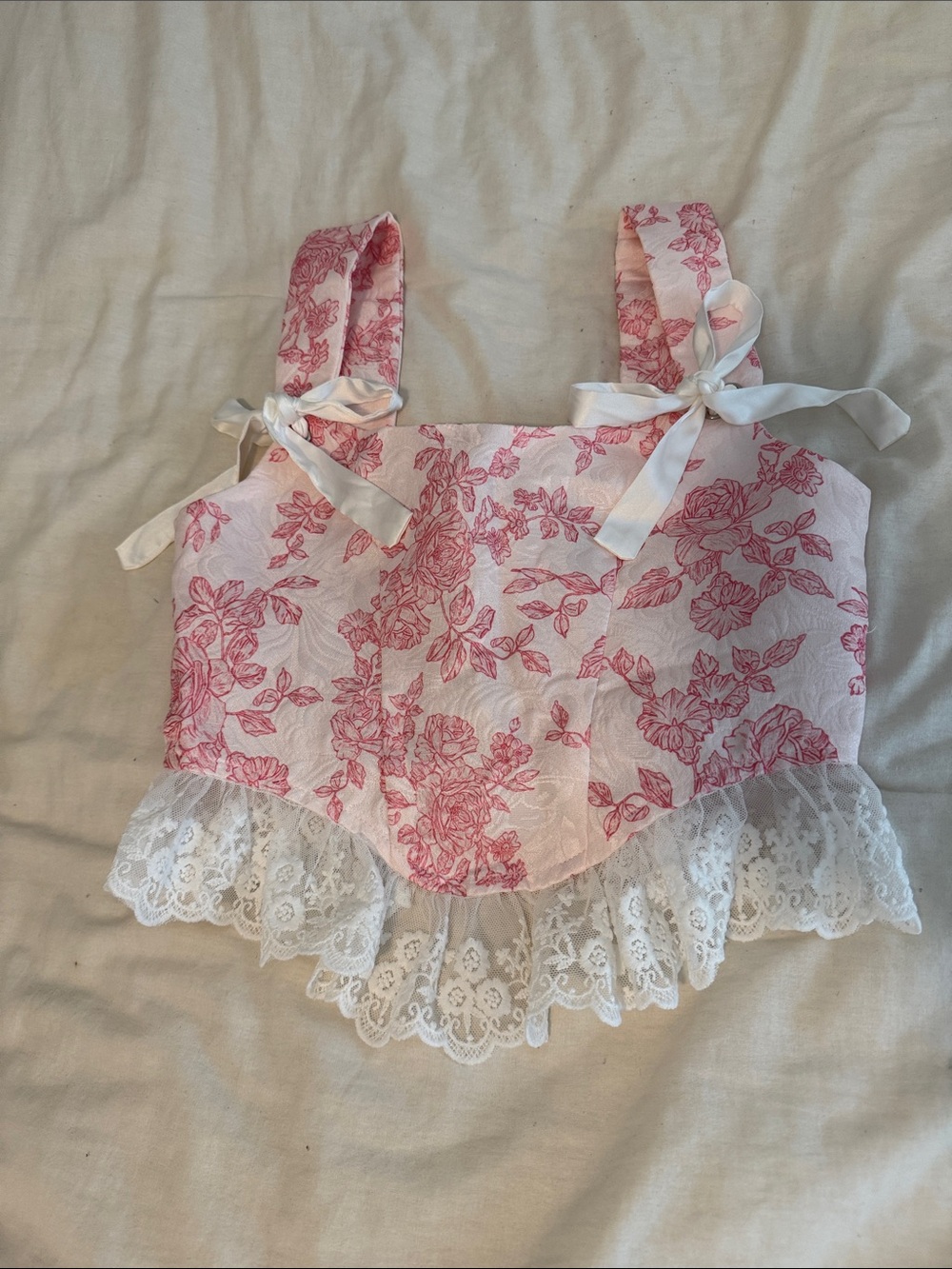 Pink Floral Lace-Trim Crop Top with Bow Straps